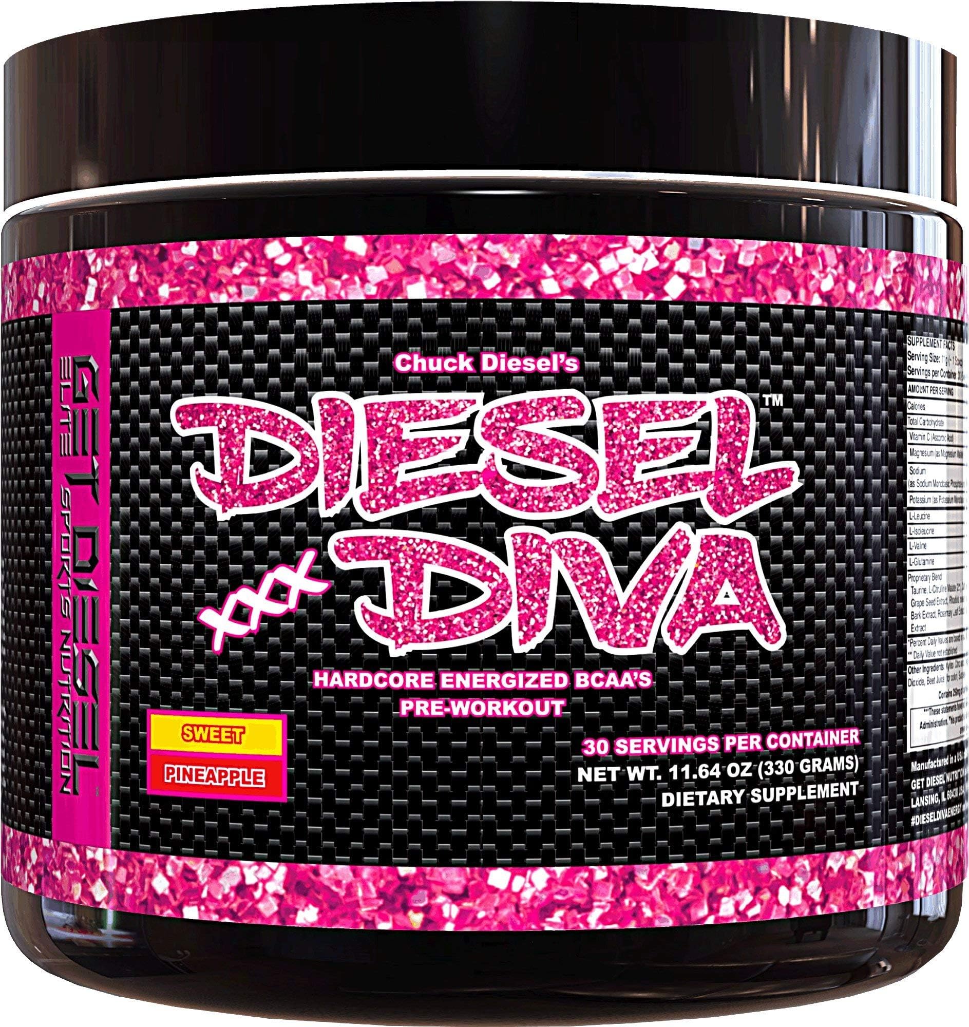 Women Preworkout Energizer and Energy Shot Sweet Pineapple Diesel Diva Energized Vegan Friendly Fermented BCAAs with no Artificial Flavors or Colors. 3 Grams BCAAs. 330 Grams