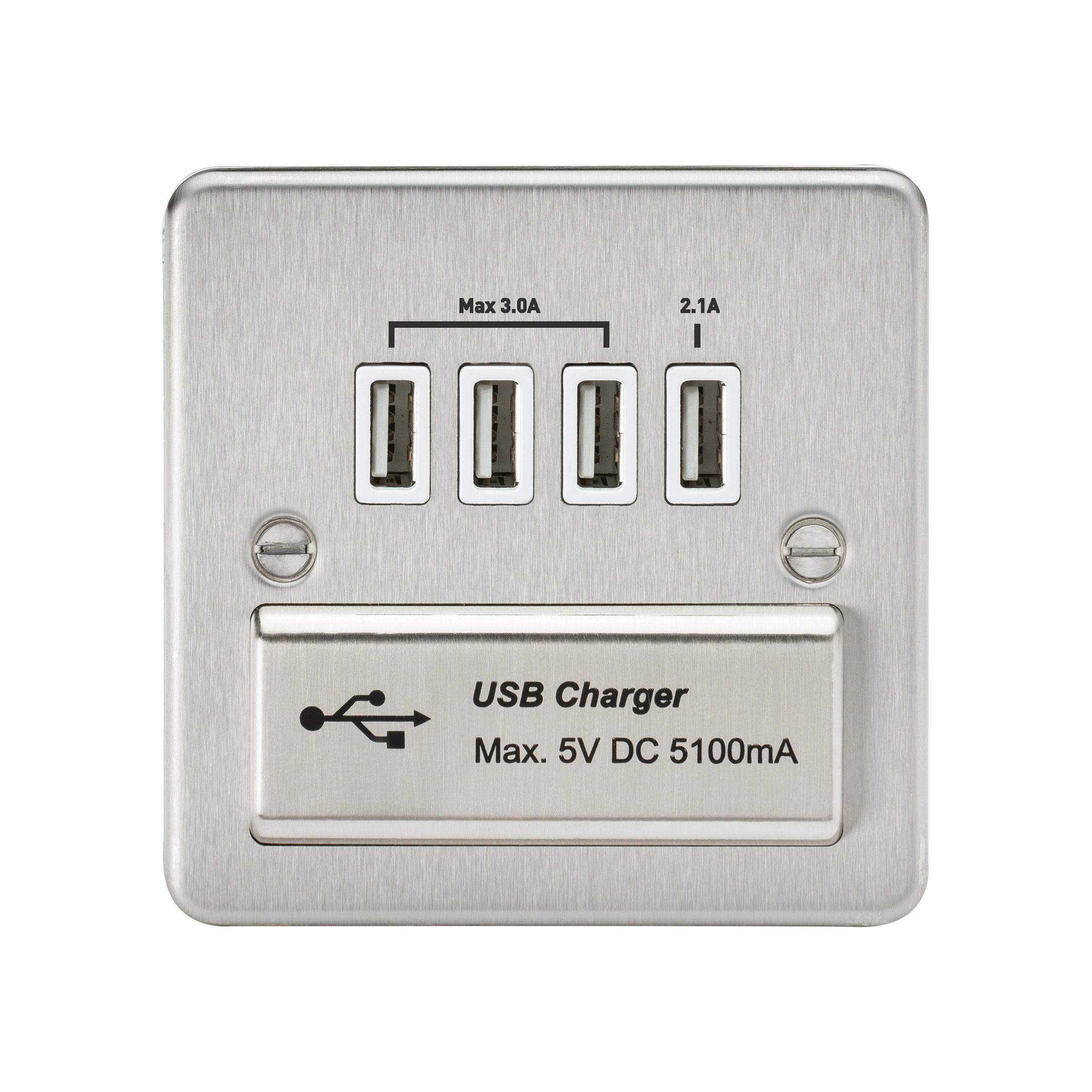 Knightsbridge FPQUADBCW FPQUAD FPAVQUADBCW Flat Plate 1G Quad USB Charger Outlet 5V Dc 5.1A-Brushed Chrome White Insert