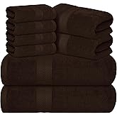 Avalon Towels Luxury 8 Piece Chocolate Towels Set, 2 Bath Towels, 2 Hand Towels and 4 Washcloths, 600 GSM 100% Ring Spun Cotton Highly Absorbent Chocolate Bathroom Towels, Ideal for Hotel, Spa and Gym