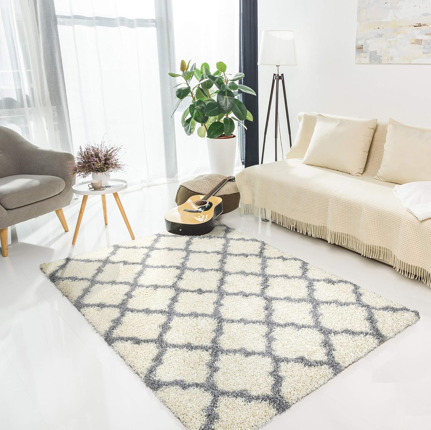 Amazon Com Ottomanson Shg2272 5x7 Trellis Shag Rug 5 X 7 Ivory Furniture Decor