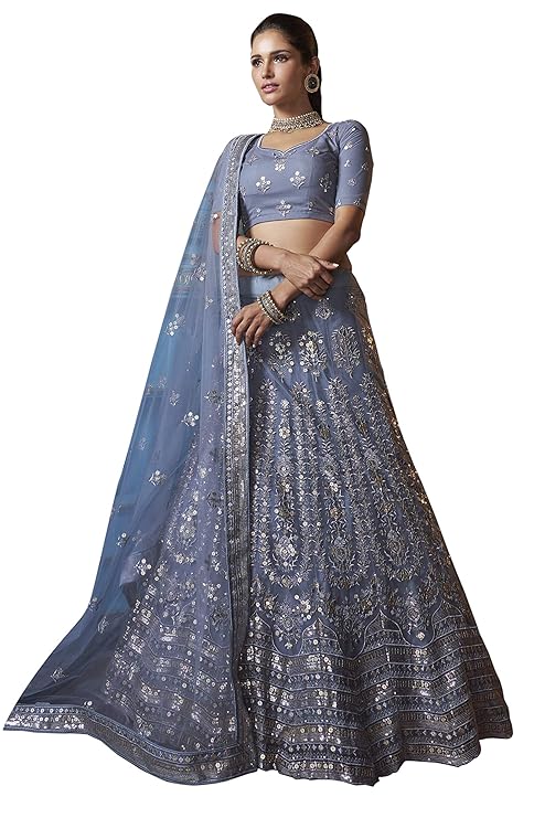 Women net sequins embroidered semi-stitched lehenga choli (cnd7 4103; grey; free size)