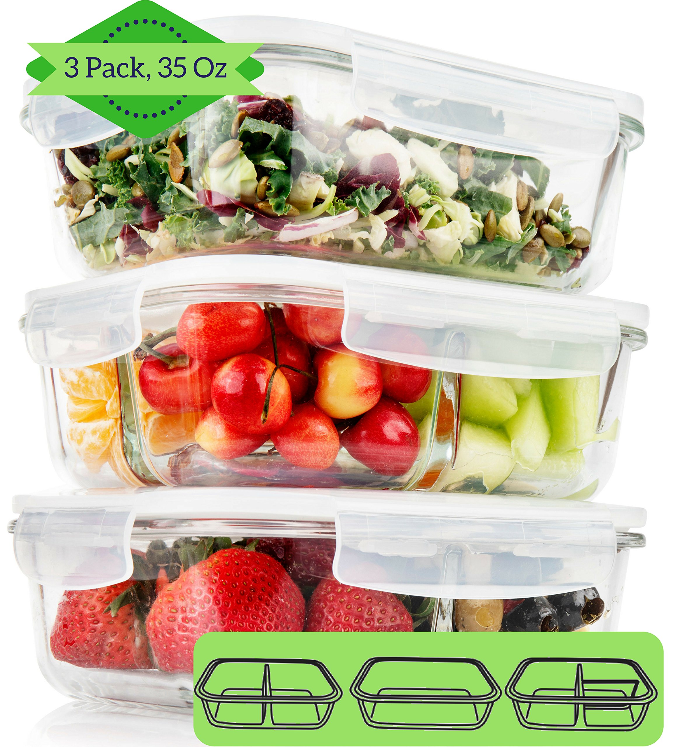 1, 2, 3 Compartment Glass Meal Prep Containers (3 Pack, 1000 ML)