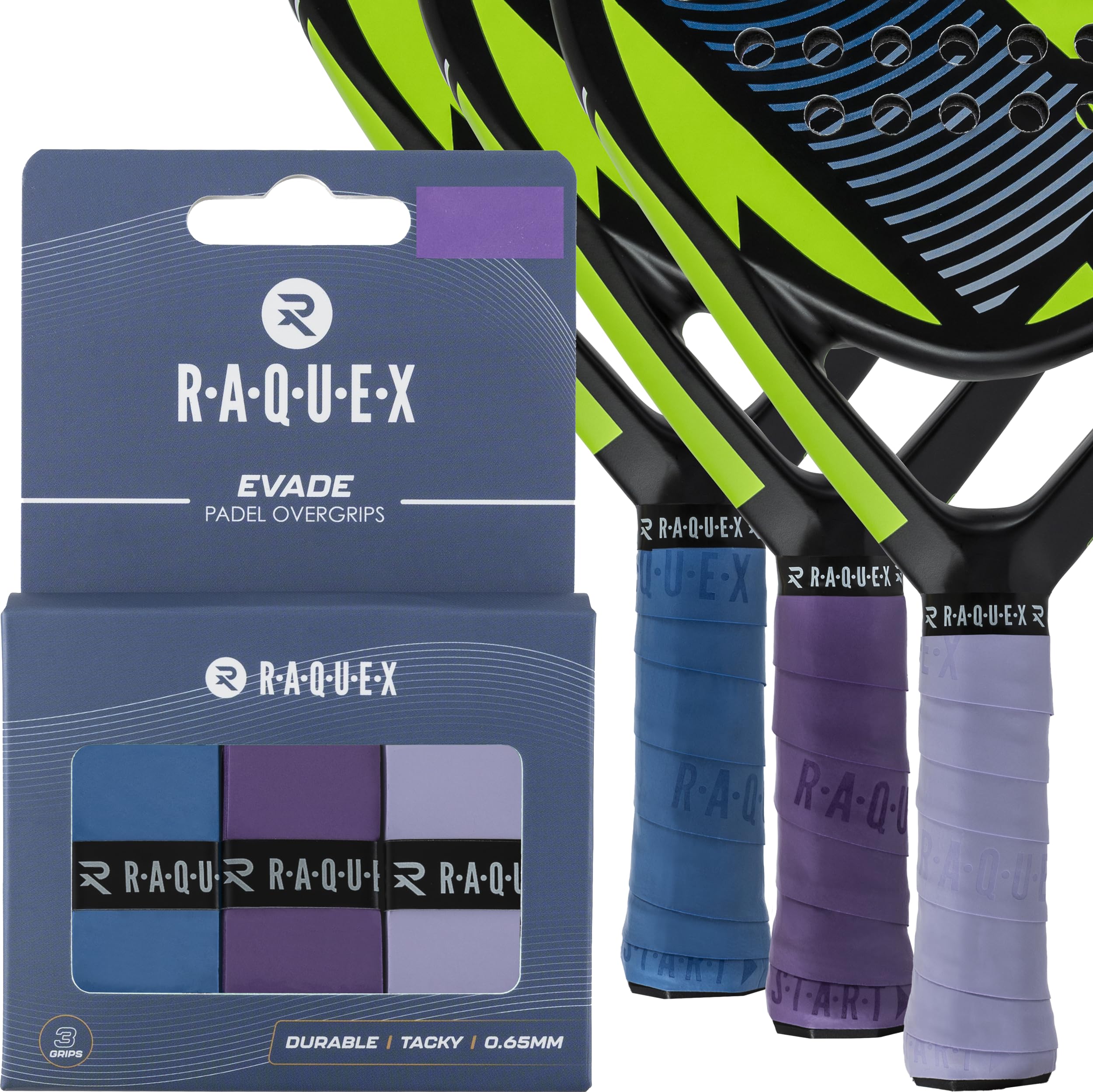 Raquex Evade Padel Racket Overgrip – 10 Colours - 3 Pack Padel Ball or Pickleball Racquet Tape, 0.65mm Thickness – Absorbent, Slightly Tacky Anti Slip Over Grip (Blue, Violet, Light Purple)