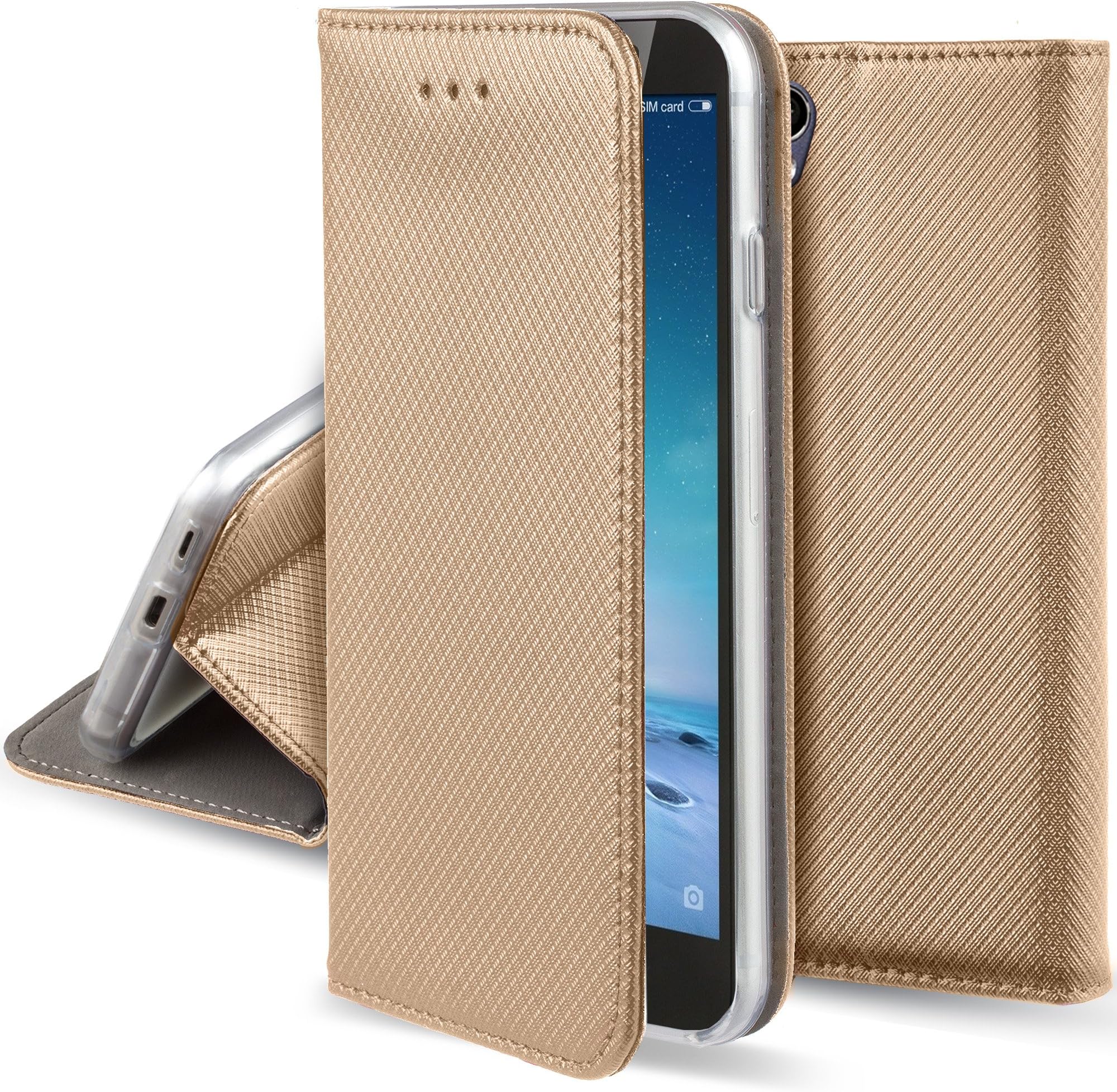 Moozy case Flip cover for Sony Xperia XA1 Ultra, Gold - Smart Magnetic Flip case with folding stand