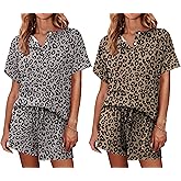 Ekouaer 2 Pack Womens Pajama Sets Short Sleeve Top with Shorts Soft Comfy Loungewear Sleepwear S-XXL