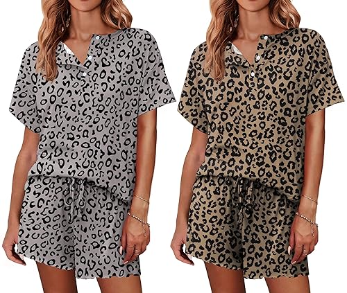 Ekouaer 2 Pack Womens Pajama Sets Short Sleeve Top with Shorts Soft Comfy Loungewear Sleepwear