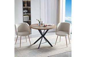NORDICANA 3 Pieces 37-Inch Round Dining Table and Upholstered Chairs for Two Person, MDF Table-top, Off White Fuzzy Sherpa Armchairs with Wood Grain Metal Leg for Kitchen, Reception Room