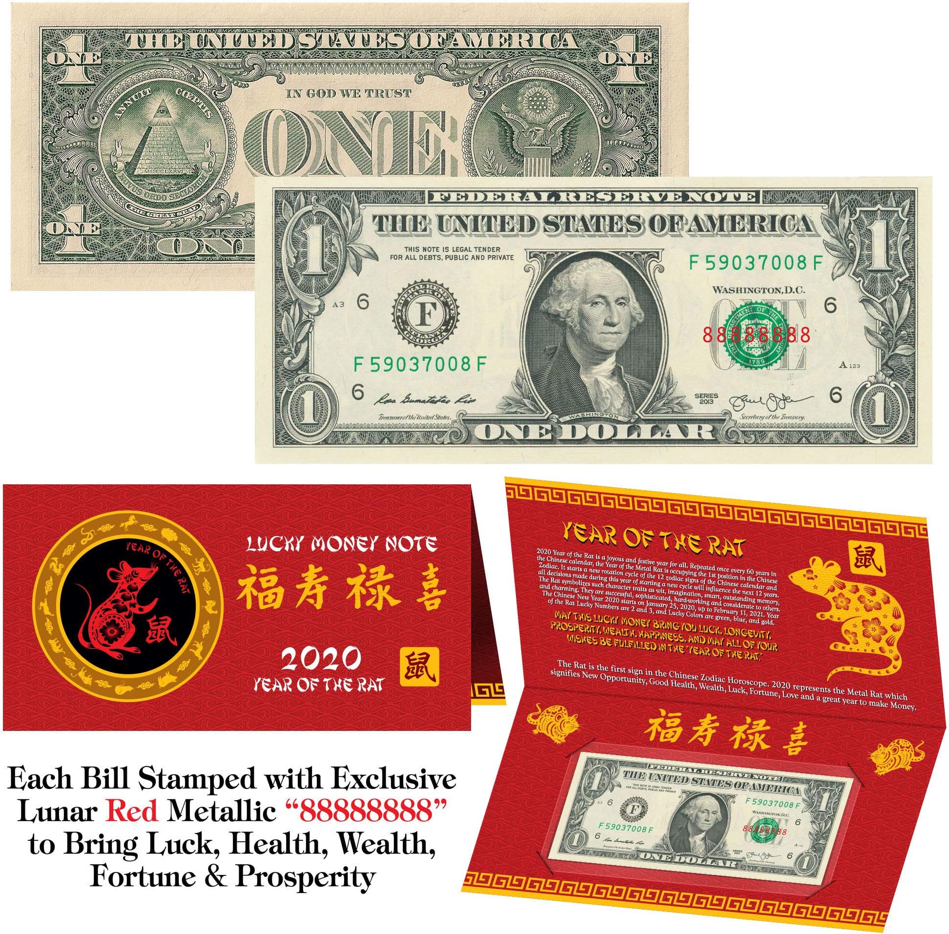 2020 Chinese New YEAR of the RAT Lunar Red Lucky Eight 8's $1 US Bill w/Foldover