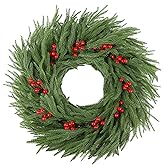 DR.DUDU Norfolk Pine Christmas Wreaths for Front Door - 24 Inch Artificial Greenery Wreath with Red Berries for Outdoor Indoor Xmas Holiday Decor, Farmhouse Winter Decorations