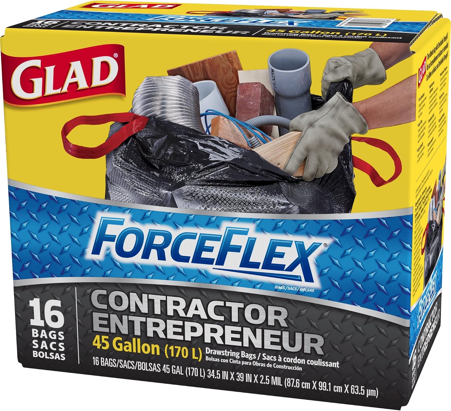 Glad Black Garbage Bags Contractor 170 Litres Forceflex, Drawstring