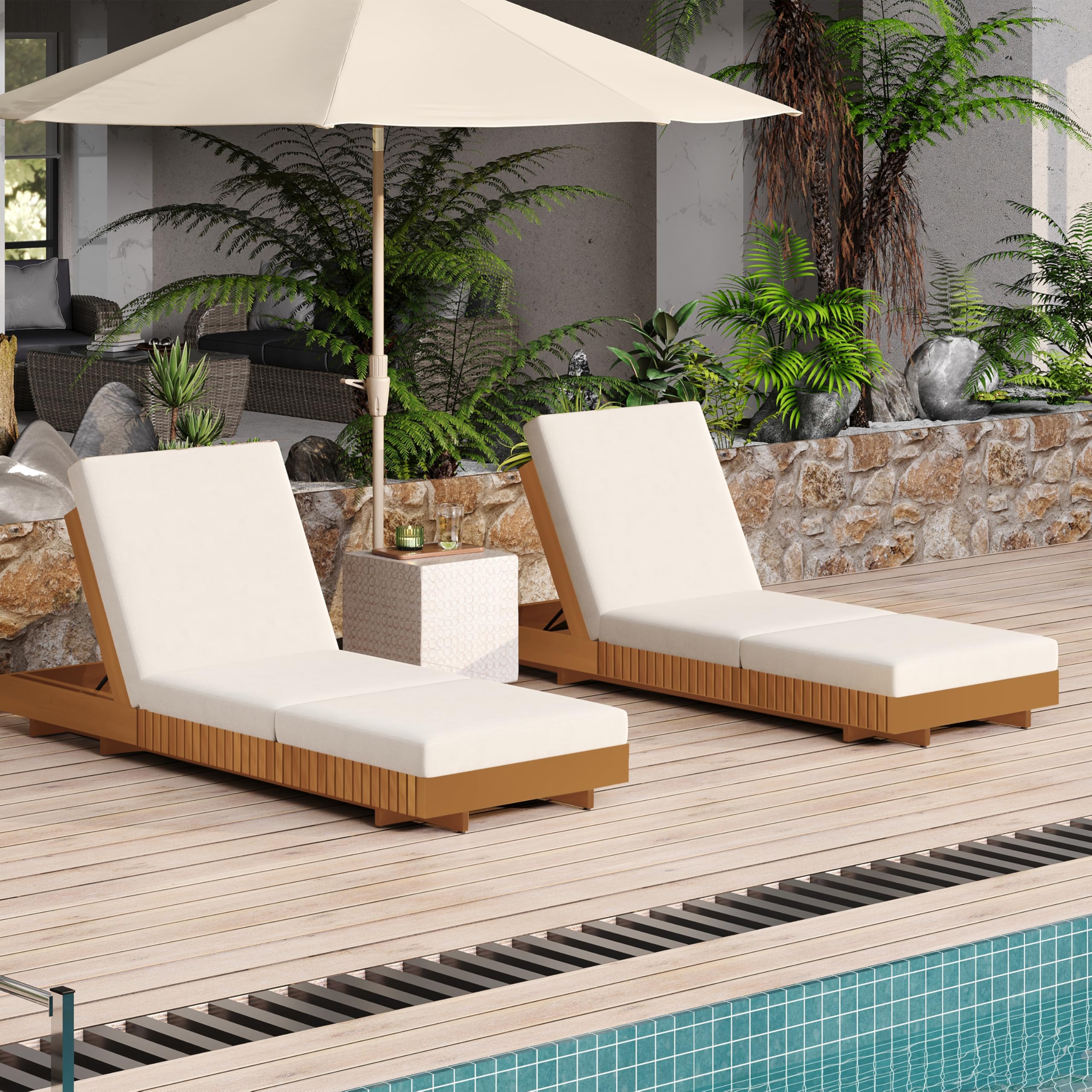 View 1 of ***ONLY CUSHION***Merax 2-Piece Acacia Wood Chaise Lounge Set w/ 6-Position Adjustable Backrest & Cushion - Outdoor Patio Poolside Furniture, Beige