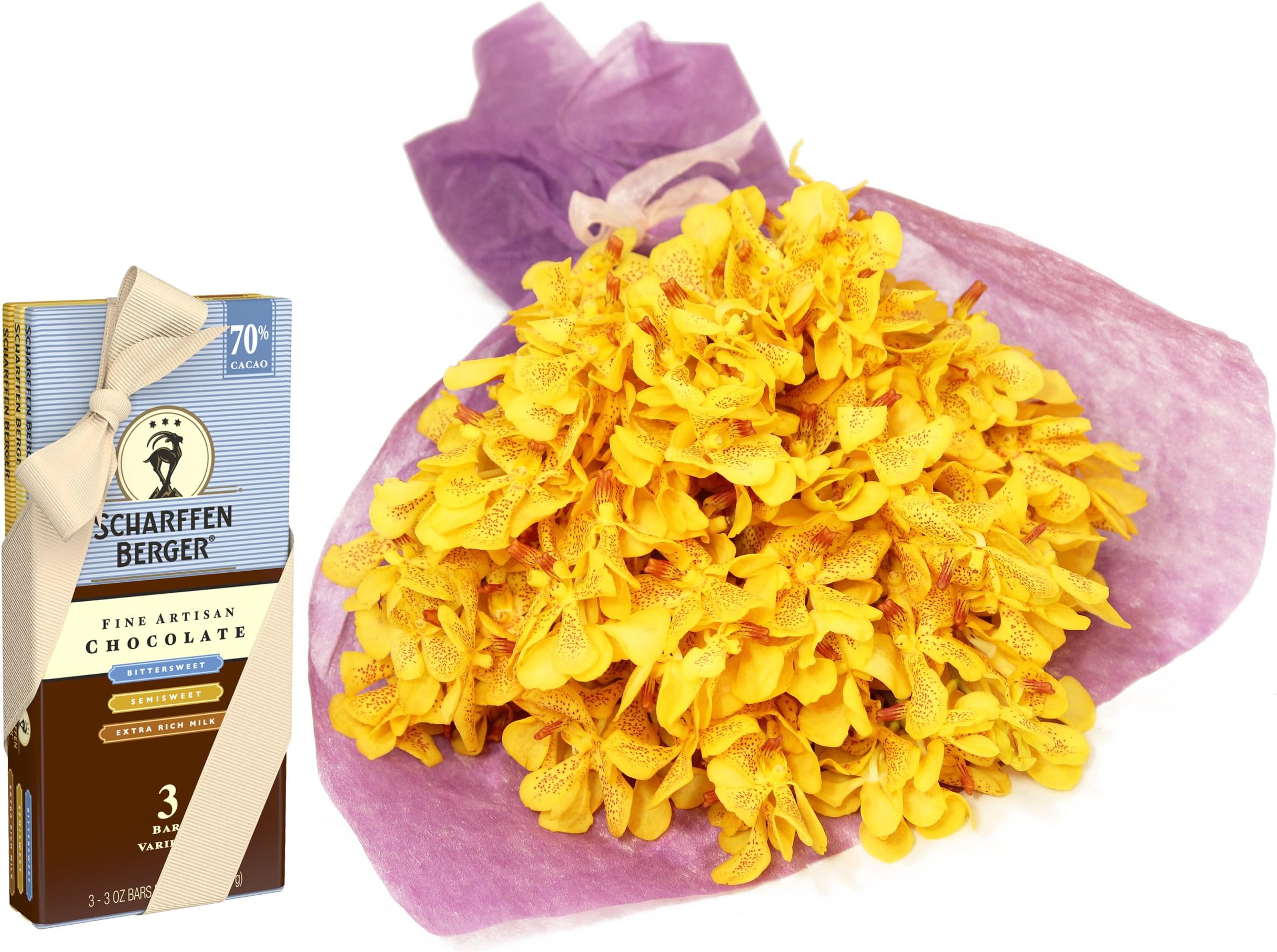 Gold-touched Mokara Orchid Bouquet (20 stems) and Premium Scharffen Berger Chocolate 3 Bar Bundle - with No Vase