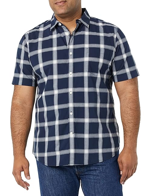 Amazon Essentials Men's Slim-Fit Short-Sleeve Poplin Shirt, Navy White Buffalo Plaid, X-Small
