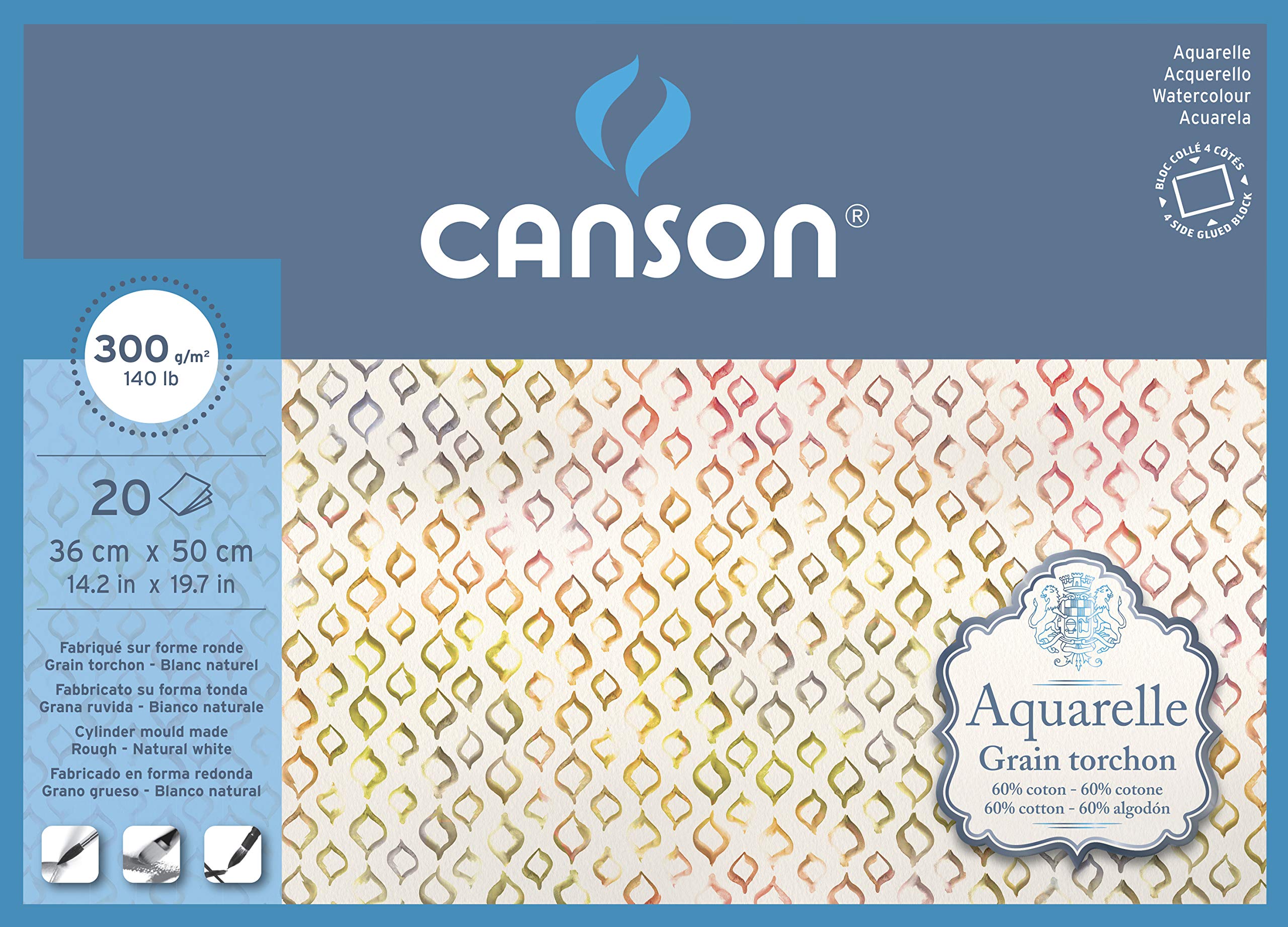 Aquarelle Canson Block Glued All Around 36 x 50 cm 20 Sheets 300 g/m² Coarse Grain