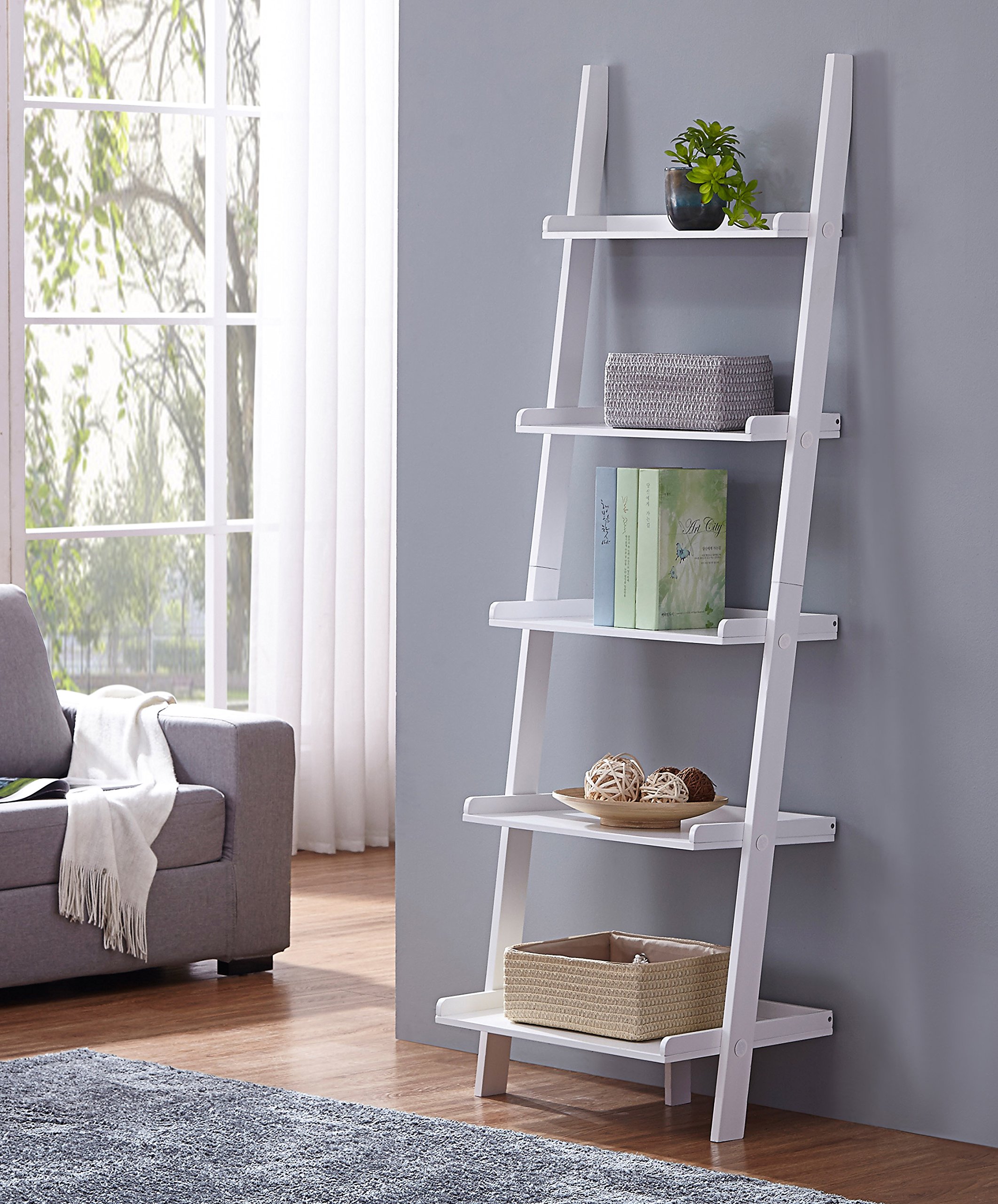 White Finish 5 Tier Bookcase Shelf Ladder Leaning 72" Height Buy