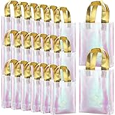 Xosjska 20 Pieces Iridescent Gift Bags Bulk Glossy Reusable Grocery Bag Holographic Gift Bags Pink Non Woven Tote Bag with Handles for Shopping Birthday Party Wedding(6 x 3 x 8 Inch, Pink)