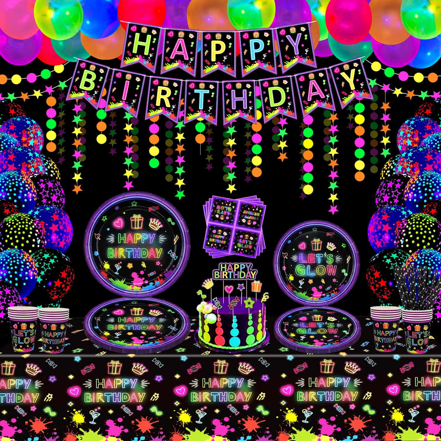 168 Pack Glow Neon Party Supplies - Glow in The Dark Decorations, BlackLight Banners, Fluorescent Balloons, Graffiti Tablecloth, Garland, Napkins - Serves 20