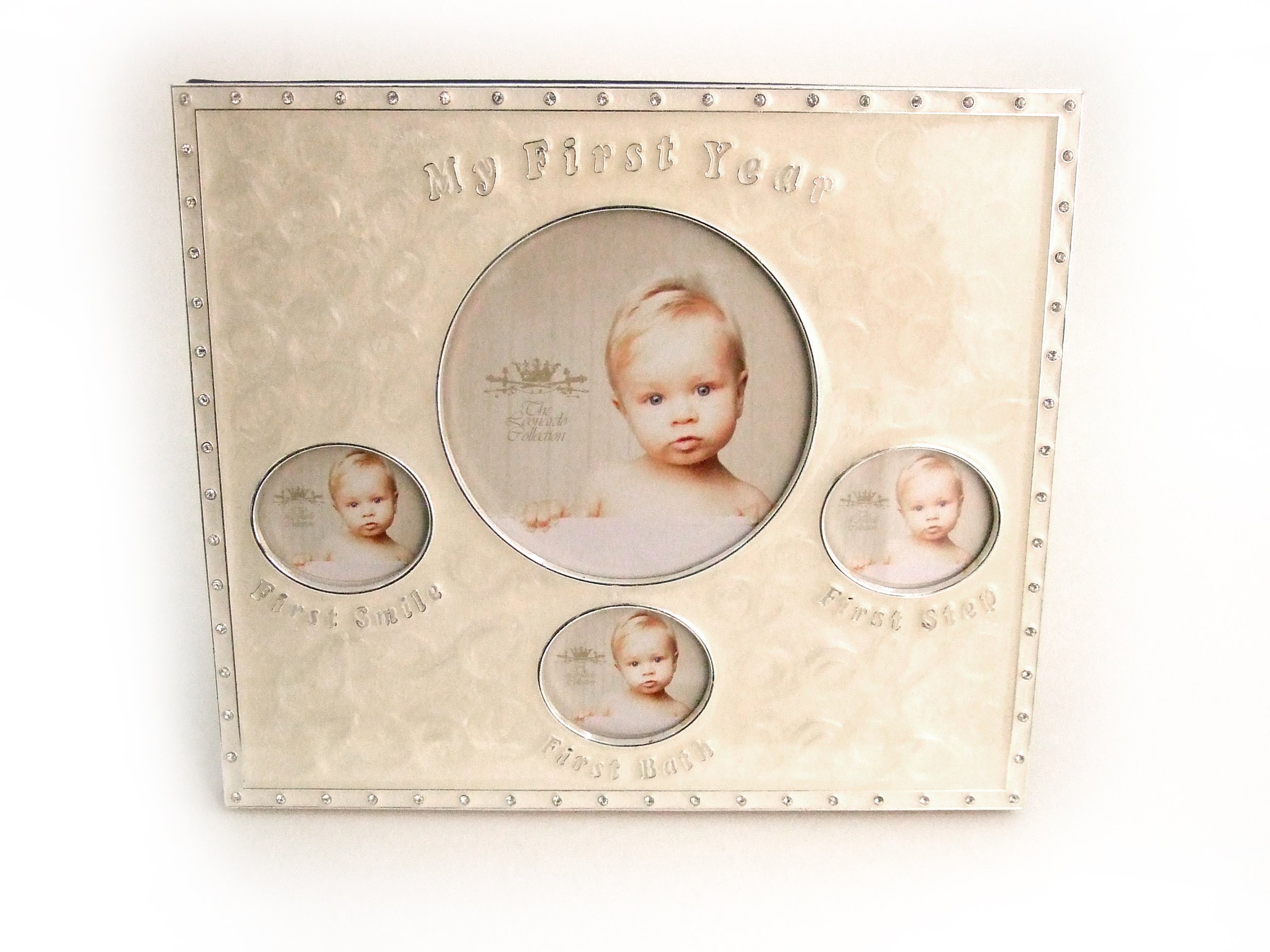 Cream Enamel My First Year Baby Photo Frame Collage with Clear Crystals