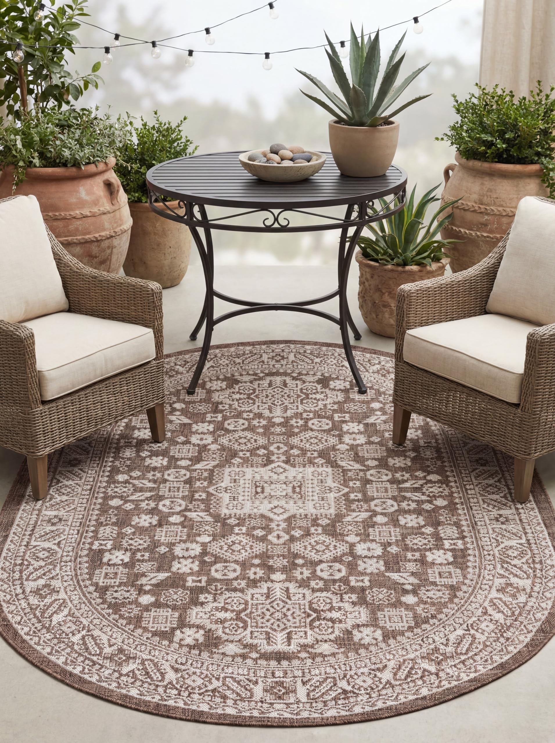 Rugs.com Outdoor Aztec Collection Rug – 5' x 8' Oval Brown Flatweave Rug Perfect for Living Rooms, Large Dining Rooms, Open Floorplans Image
