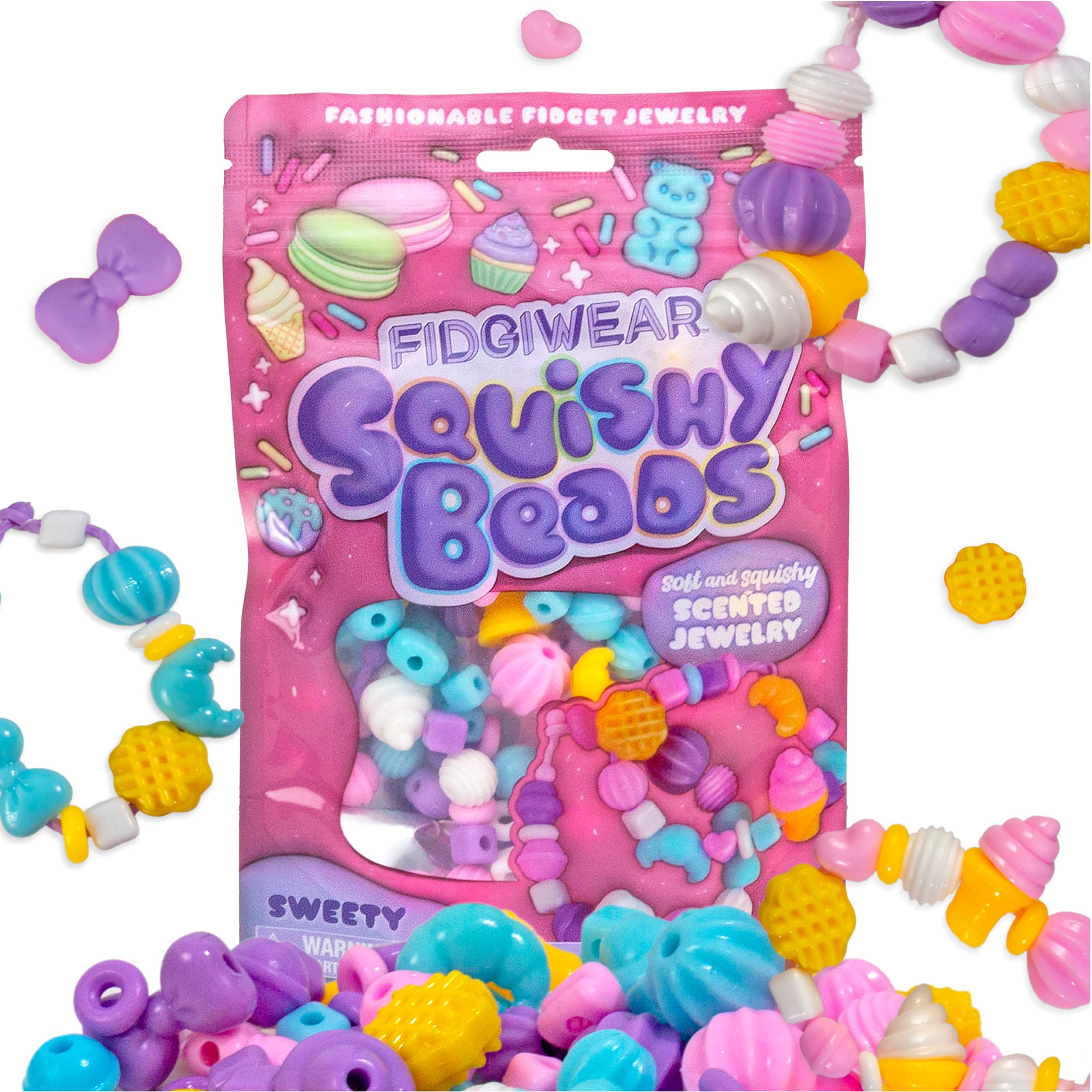 Fidgiwear Squishy Beads – Pink Sweety Theme, Create Fashionable Fidget Jewelry with Scented Squishy Beads for Jewelry Making, Toddler Sensory Bracelet Making Kit for Ages 3+