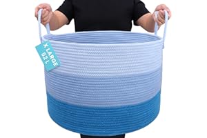OrganiHaus Extra Large Woven Laundry Basket W/Handles, Decorative Blanket Basket for Living Room & Nursery, Kids Toy Organizer & Storage, Soft Round Dog Toy Storage Bin - 20"x13" in, Blue