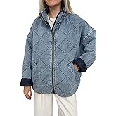 utcoco Women's Oversized Long Sleeve Denim Jacket Casual Loose Fit Zip Up Jean Quilted Jackets Coat with Pockets