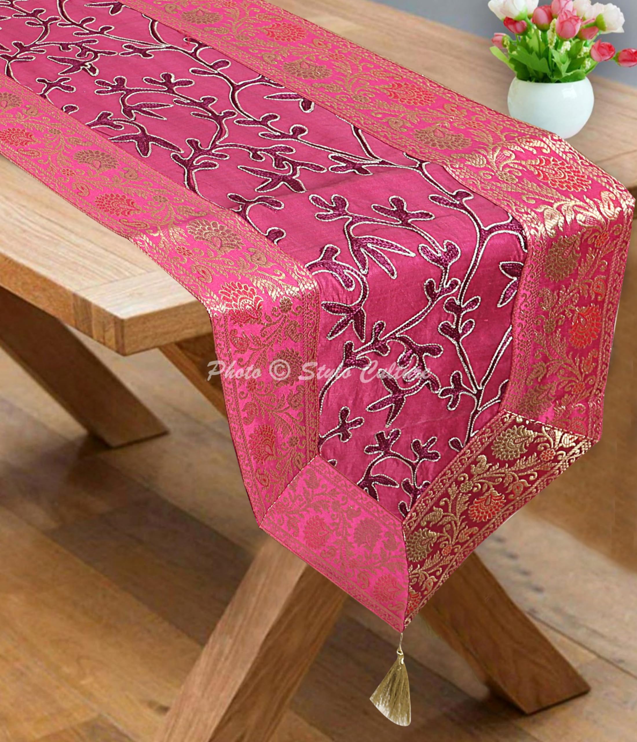 Stylo Culture Indian Coffee Table Runner Jacquard 6 Ft Magenta Purple Traditional Brocade 72 Inch Decorative Placemat Zari Embroidered Tassels 14 Inches Wide Ethnic Party Wedding Reception Decor