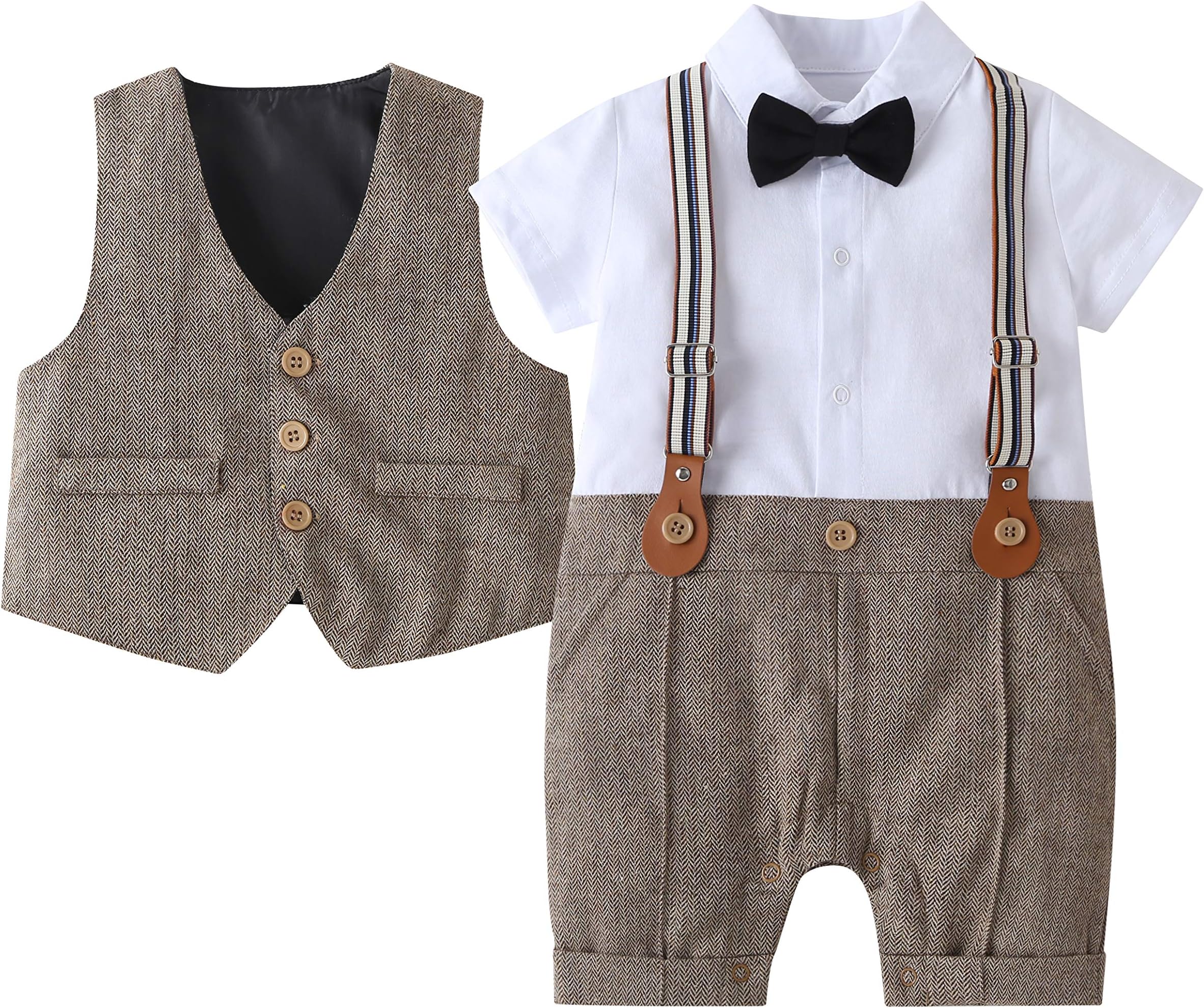 ZOEREA Baby Boy Outfits Set, 3pcs Long Sleeves Gentleman Jumpsuit & Vest Coat & Berets Hat with Bow Tie