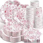 Newtay 250 Pcs Pink Floral Disposable Plates and Napkins Pink and White Floral Tableware Set for 50 Guests Disposable Paper Plates Napkins Cups for Wedding Bridal Shower Party Supplies