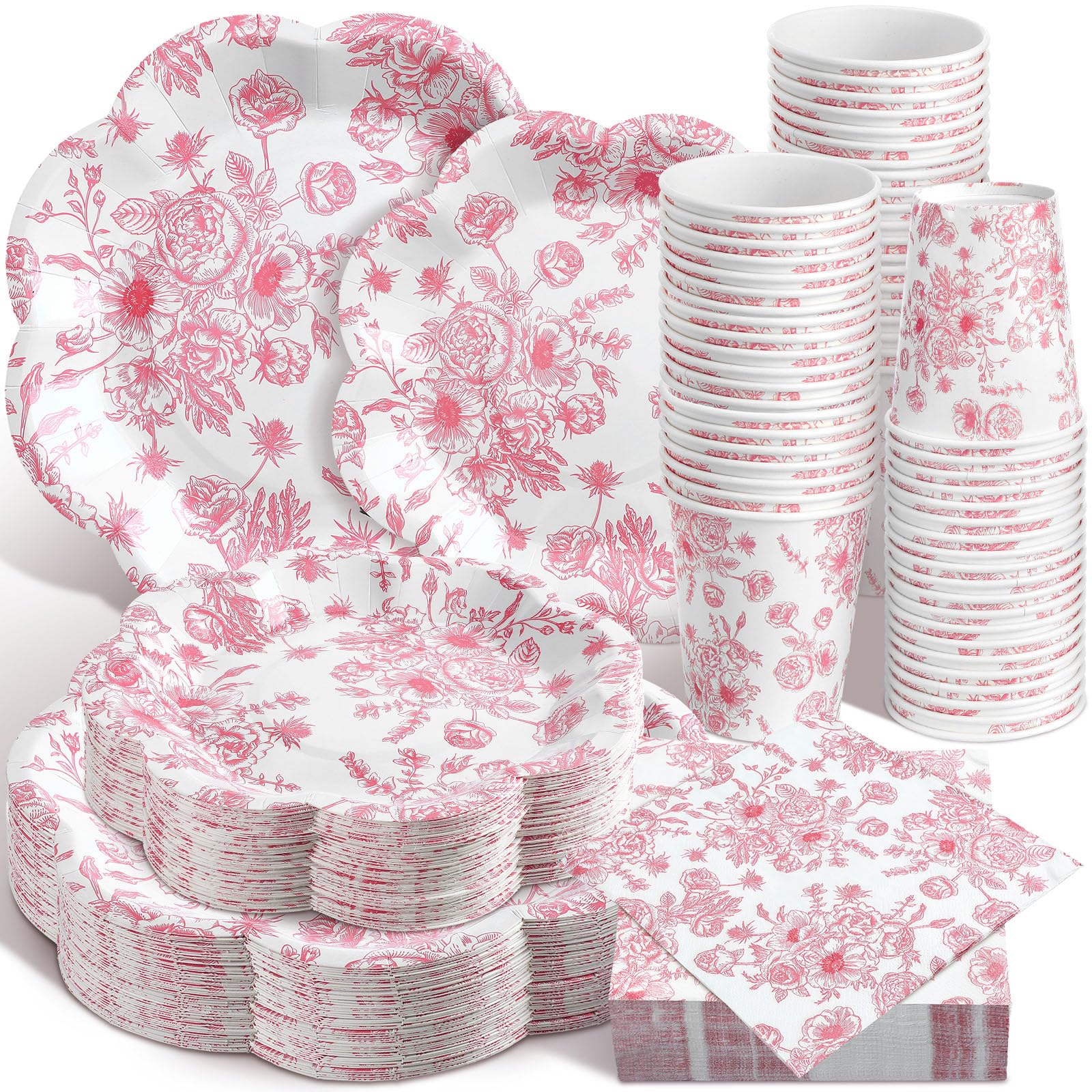 Photo 1 of Newtay 250 Pcs Pink Floral Disposable Plates and Napkins Pink and White Floral Tableware Set for 50 Guests Disposable Paper Plates Napkins Cups for Wedding Bridal Shower Party Supplies