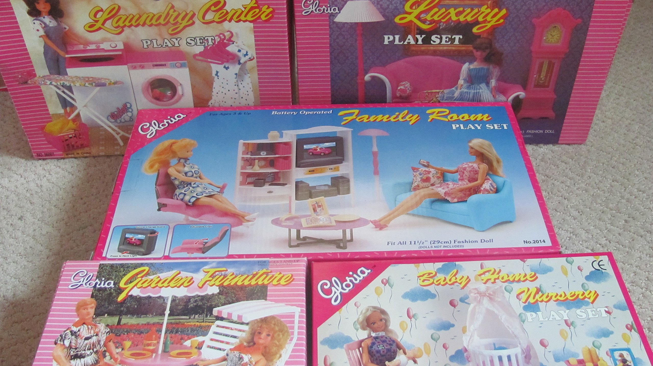 gloria Dollhouse Furniture : 5 Sets Family Room, Living Room, Laundry Room , Baby Room Garden for Ba