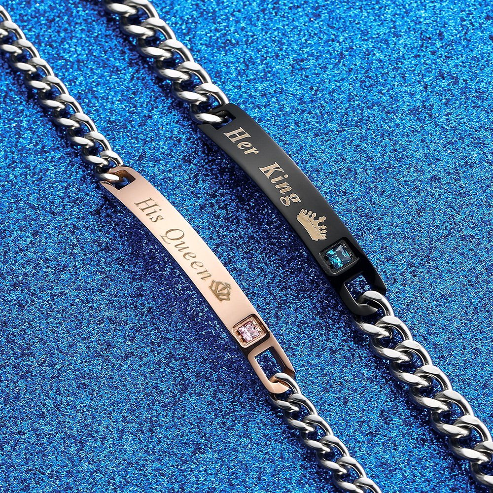 Gagafeel His Queen Her King Couple Distance Bracelet Stainless Steel Cuff Chain Gift for Women Men (His Queen Her King)