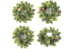 MINDELF 4 Pack Christmas Candle Rings Wreath, Artificial Evergreen Pine Needles with Pine Cones for Christmas Decor Holiday Centerpieces for Table, Classic Candle Rings for Pillar Winter Home Wedding