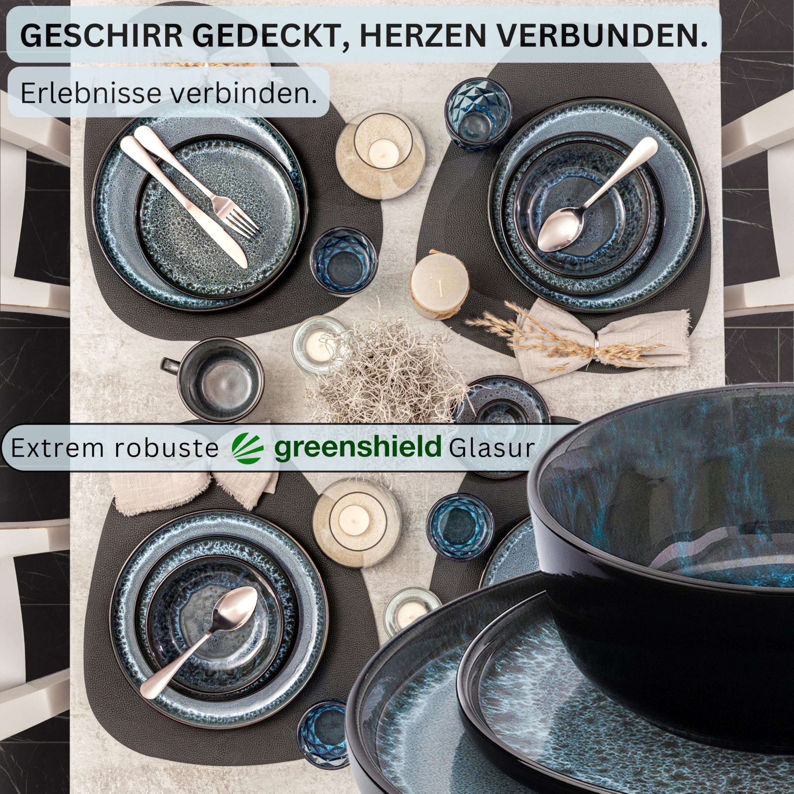 SÄNGER Manila | Tafelservice 24 teilig, Steingut Geschirr Set 6 Personen, 6x Teller Set 6x Frühstücksteller 6x Tiefe Teller 6x Pastaschalen blau mit schwarzem Rand | VALUE COLLECTION 4