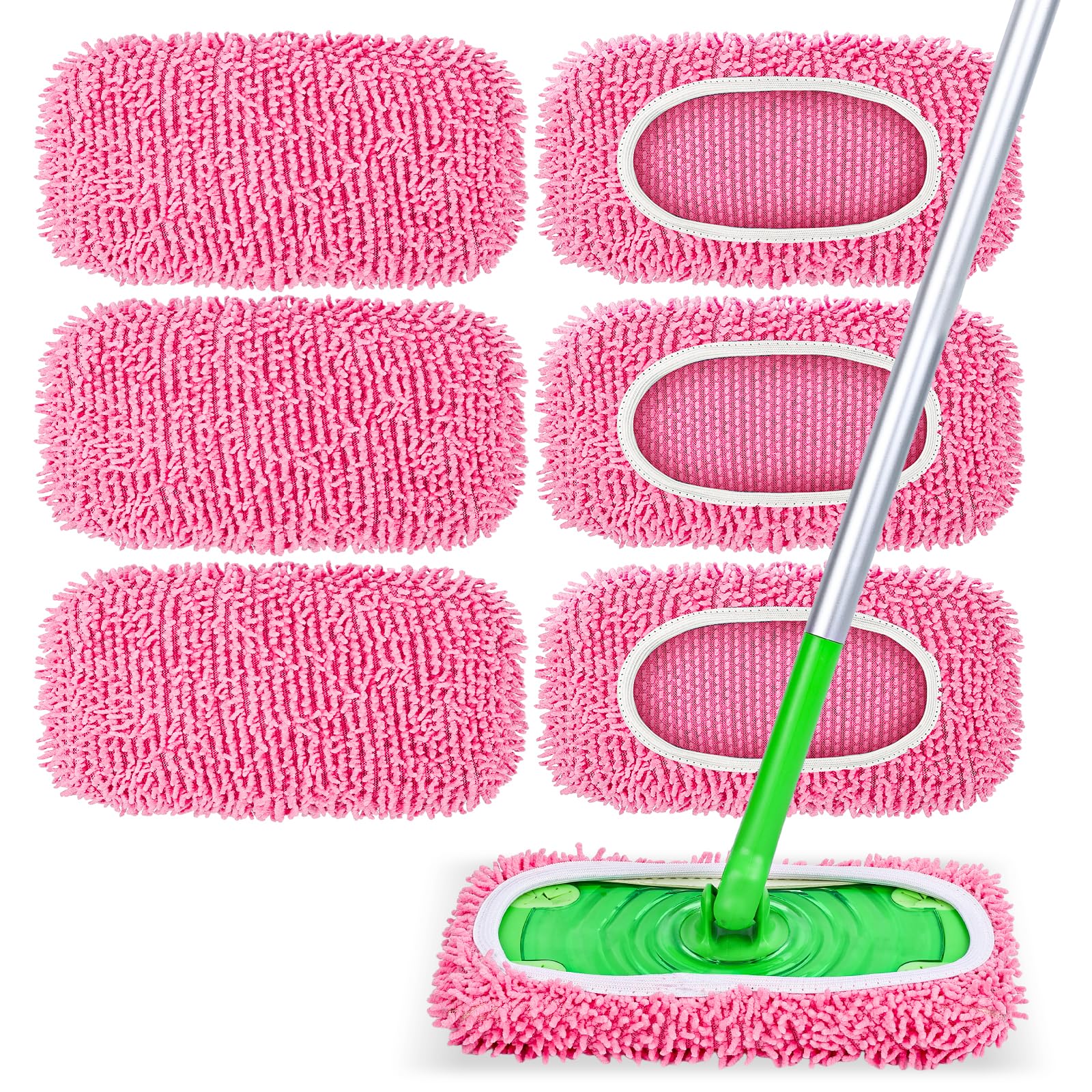 Photo 1 of *****PARTIAL SET***** 6 Pack Reusable Mop Pads Compatible with Swiffer Sweeper, Chenille Mop Refill Pads, Dry & Wet Mopping Cloths for Floor Cleaning -Pink