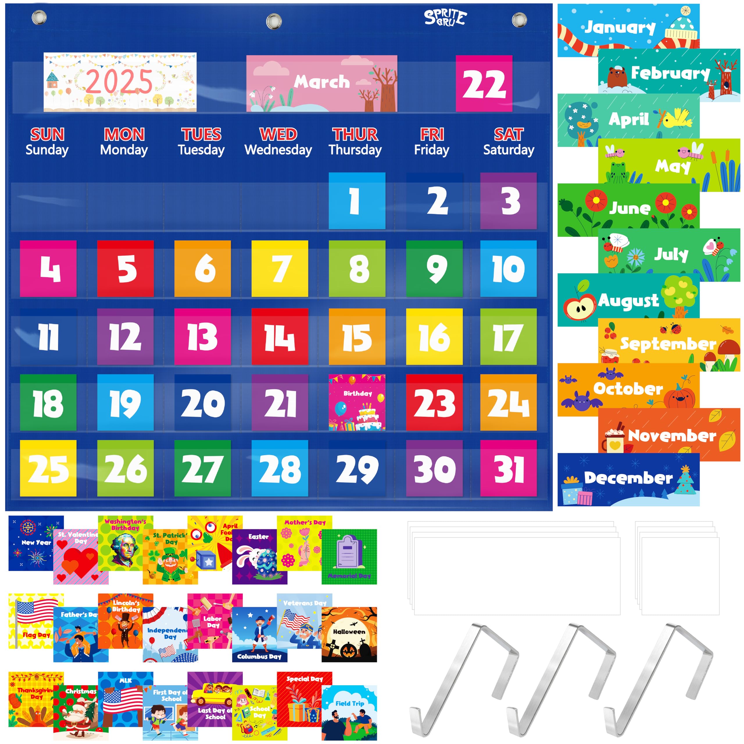 Photo 1 of Calendar Pocket Chart, Classroom Monthly Pocket Chart with 76 Cards (68 Illustrated Activity Cards, 8 Dry Erase Blank Cards) plus 3 Over Door Metal Hangers for Classroom Home Preschool (20" x 19")