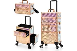 AROUS Rolling Makeup Train Case with Large Drawer, Multi-functional Cosmetic Trolley with 360° Swivel Wheels Keys, Large Storage Traveling Cart Trunk, Train Cases for Nail Technicians Hairstylist