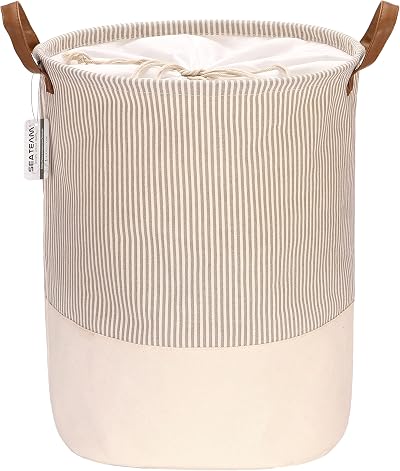 Sea Team Gray Stripe Pattern Laundry Hamper Canvas with PU Handles 17.7 x 13.8