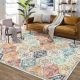 ROYHOME Machine Washable Rug Moroccan Trellis Distressed Area Rugs Stain Resistant Non-Slip Floor Cover Vintage Medallion Accent Rug Farmhouse Dining Table Carpet for Bedroom, Cream, 4' x 6'