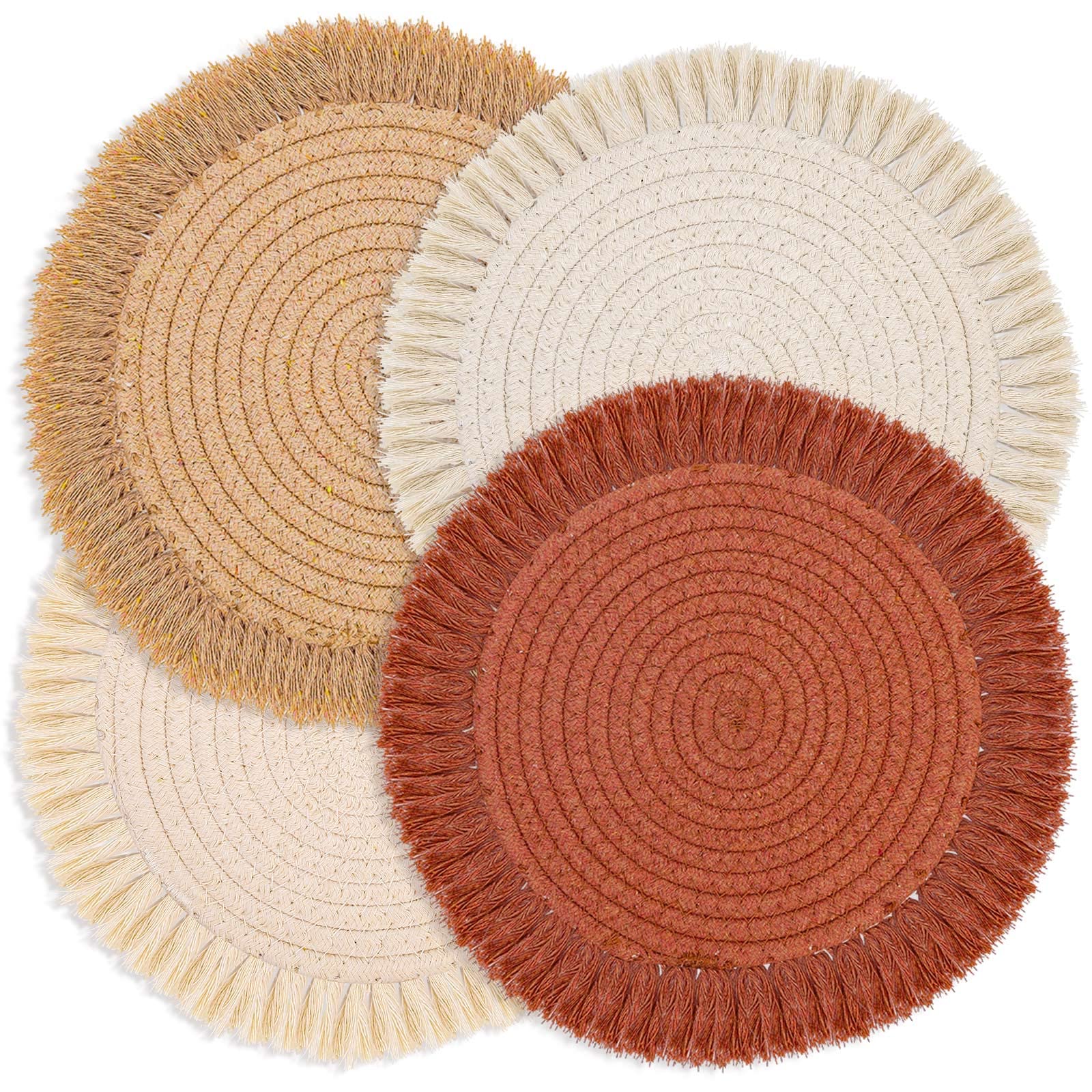 Photo 1 of 13 Inch Fall Round Cotton Placemat Set of 4 Boho Placemats Table Mats Woven Washable Table Placemats for Fall Kitchen Dining Home Farmhouse Thanksgiving Christmas Decoration Heat Resistant Place Mat