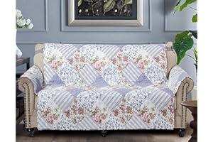 Brilliant Sunshine Rose Violet Patchwork Couch Cover, Quilted Oversized Loveseat Slipcover, 54" Seat Width, Slip Resistant Furniture Protector, 2" Strap, Washable Couch Cover for Dogs, Rose Violet