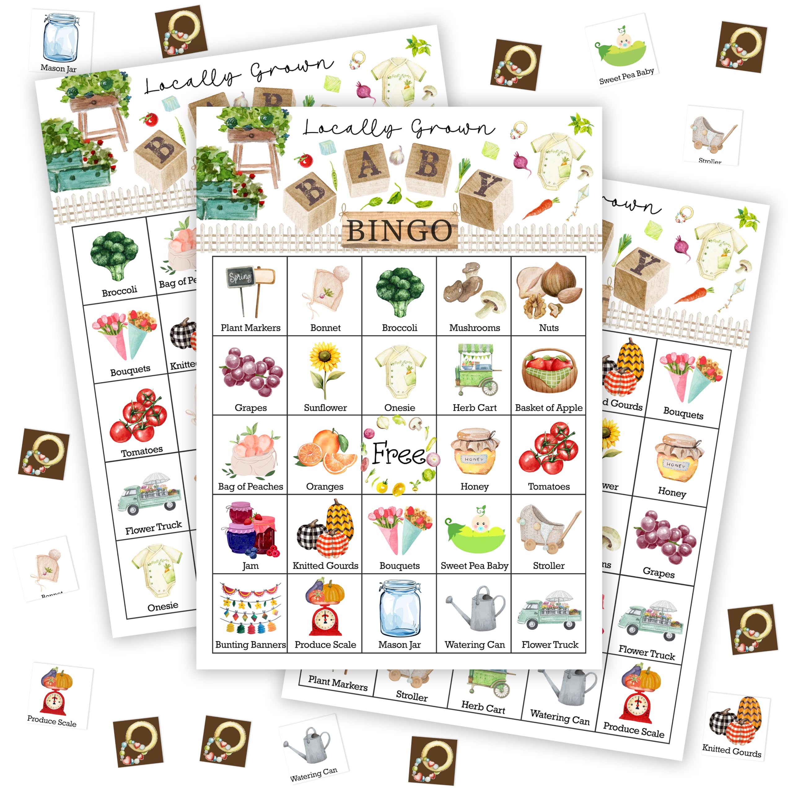 Photo 1 of Locally Grown Baby Shower Bingo Game For Adults, Baby Shower Party Bingo Game Set, Vegetable Stand Bingo Cards
