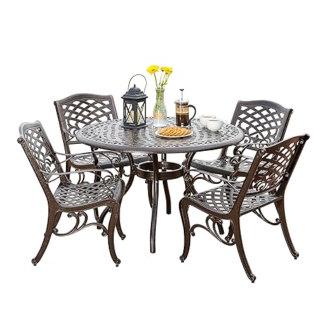 Hallandale Outdoor Furniture Dining Set Cast Aluminum Table And Chairs For Patio Or Deck 5 Piece Set