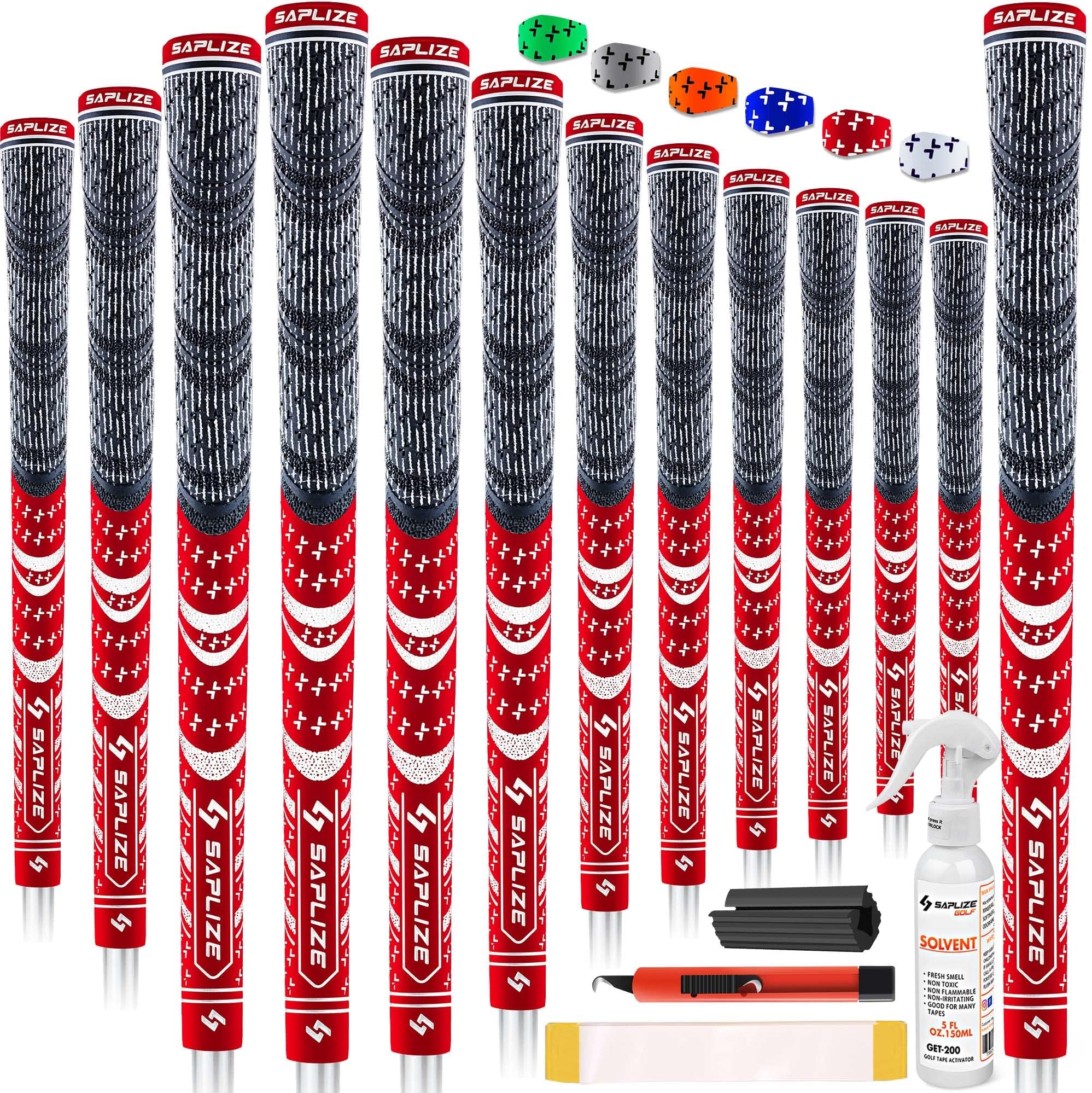 SAPLIZE Golf Grips 13 Piece with Complete Regripping Kit, Midsize, Cord Rubber, Hybrid Golf Club Grips, Red