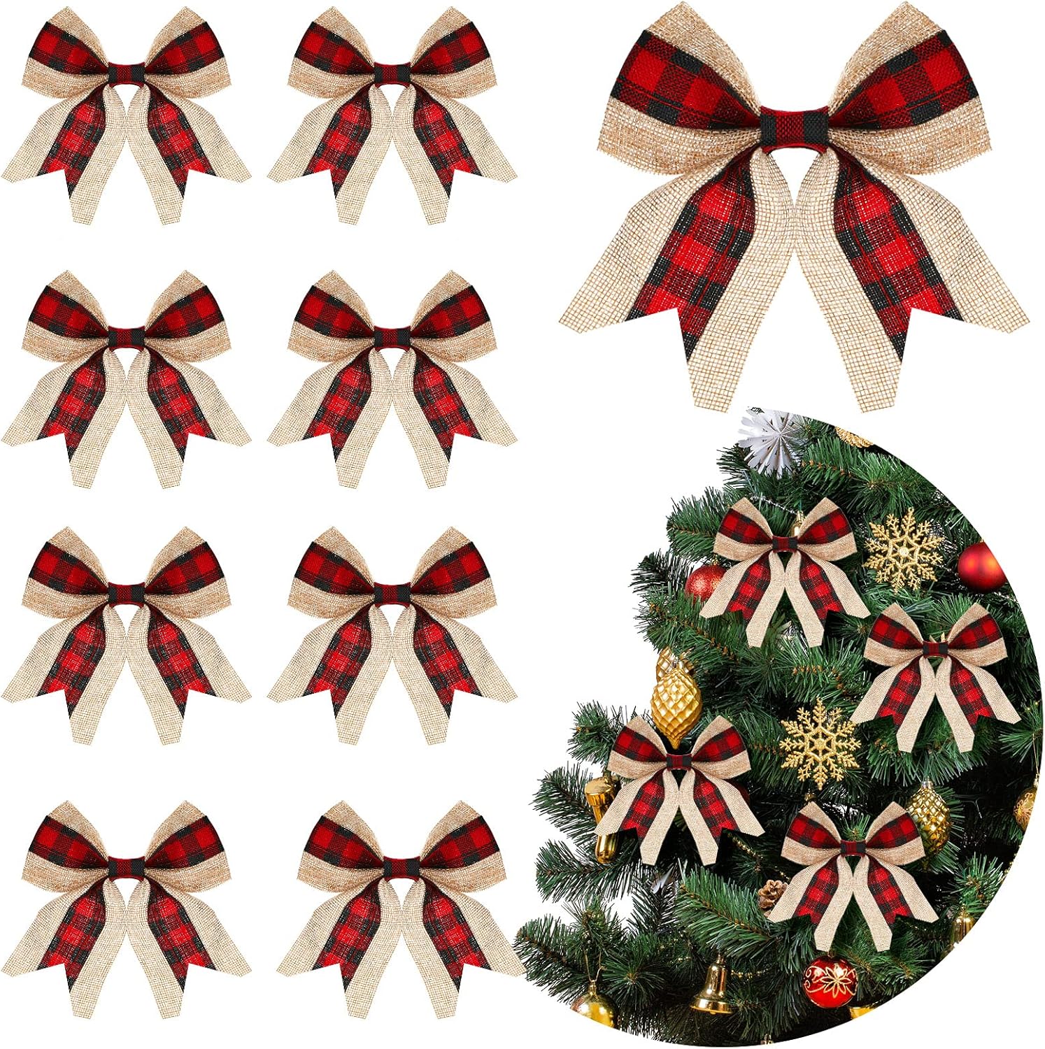 Bows & Ribbons - Waydress 20 Pieces Christmas Burlap Bow Buffalo Plaid Bow Christmas Wreath Decoration Bow Door Burlap Natural Bowknot Ornament for Christmas Tree Craft Home Decoration (Red and Black)