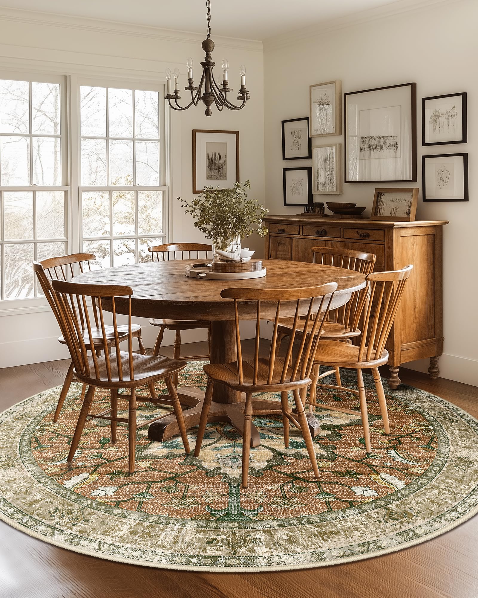 Photo 1 of RELEANY Area Rugs 7ft Washable Non-Slip, Floral Vintage Distress Print Pattern Medallion Carpet for Living Room Bedroom Dining Room, Brick Red Rust Neutral Brown Burnt Orange