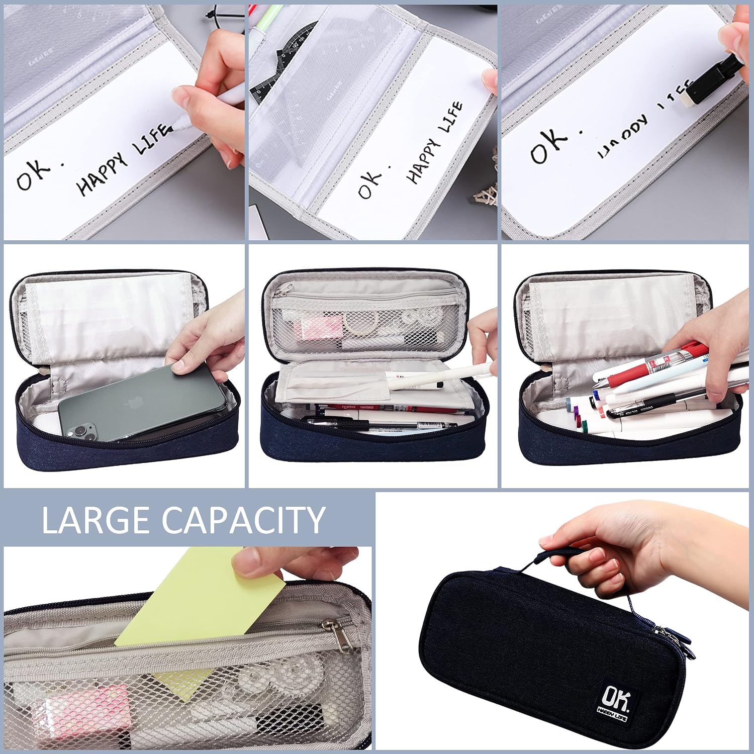 GALASALA Pencil Case Large Big Capacity Pencil Bag Pouch Holder Portable Makeup Bag Office Stationery Storage Case School Supplies Suitable for School College Students Girls Boys Gift (Blue) - Image 5