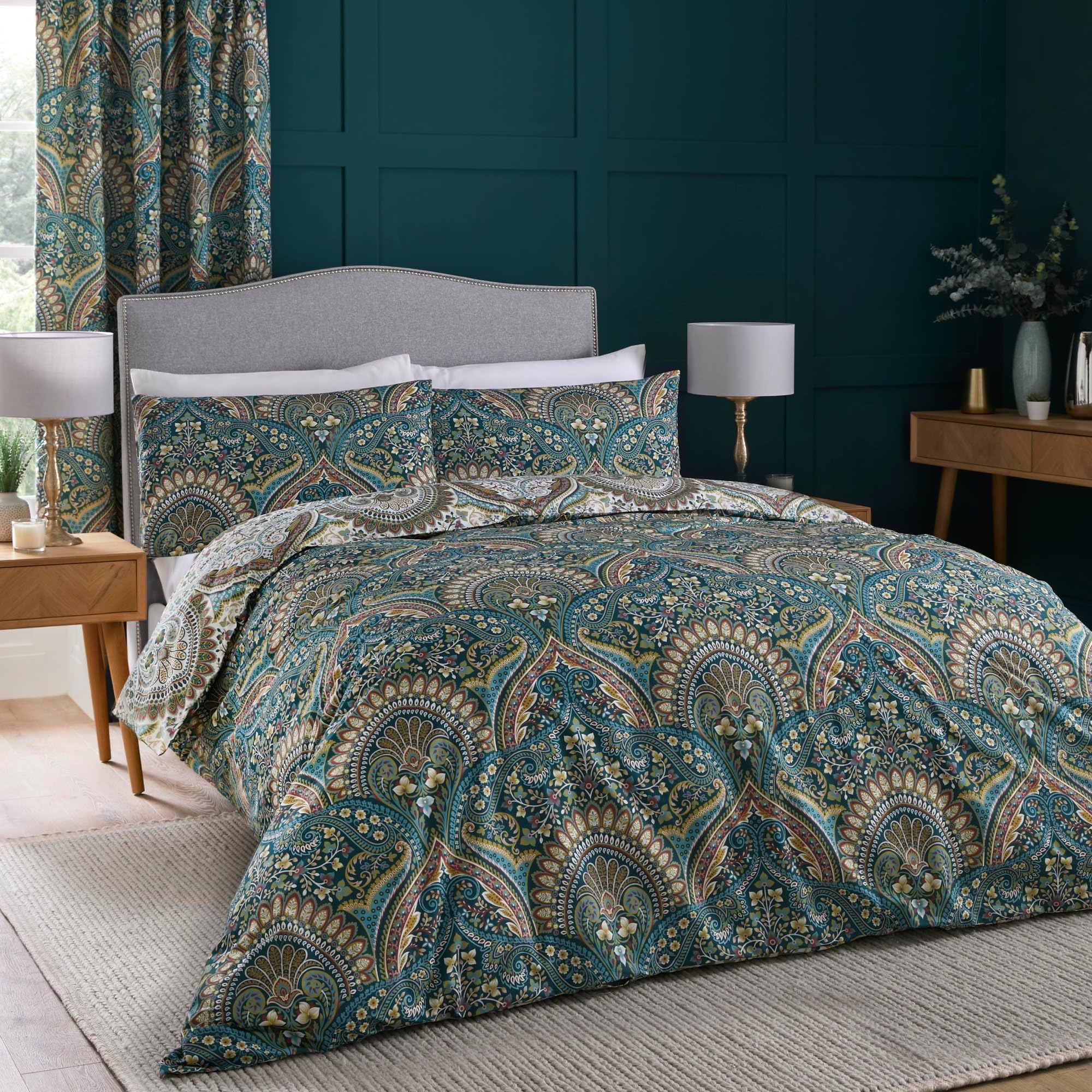 Dreams & Drapes Teal Jacobean Duvet Cover Set – King Size (230 x 220cm) – Reversible Moroccan Boho Bedding – Exotic Persian Quilt Cover – Soft Cotton Blend – Includes 2 Pillowcases