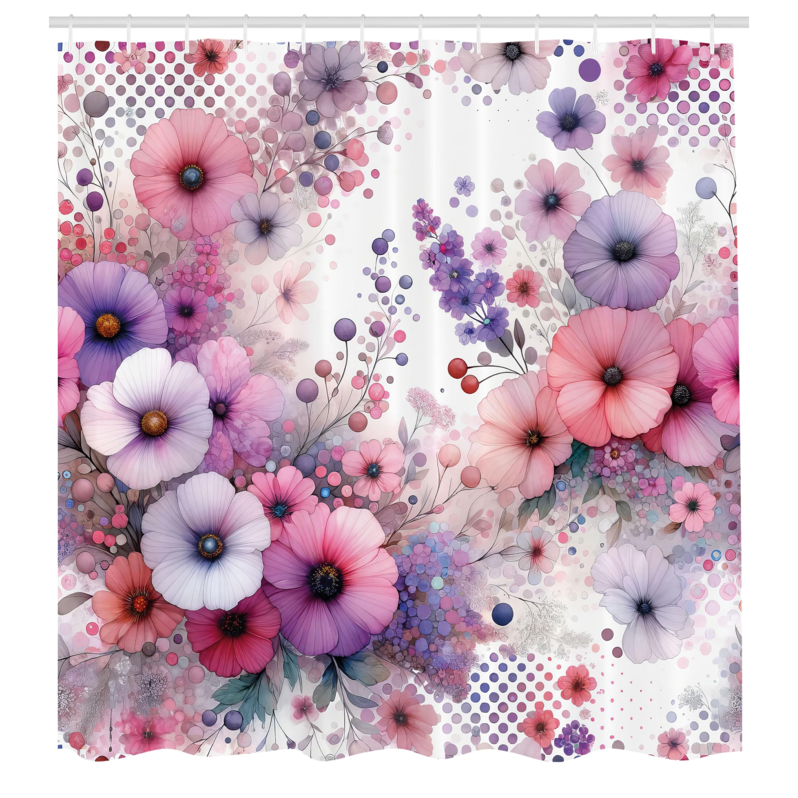 ABAKUHAUS Pink Shower Curtain, Fantasy Wildflowers Garden, Cloth Fabric Bathroom Decor Set with Hooks, 175 x 200 cm, Blue Violet Cadet Blue