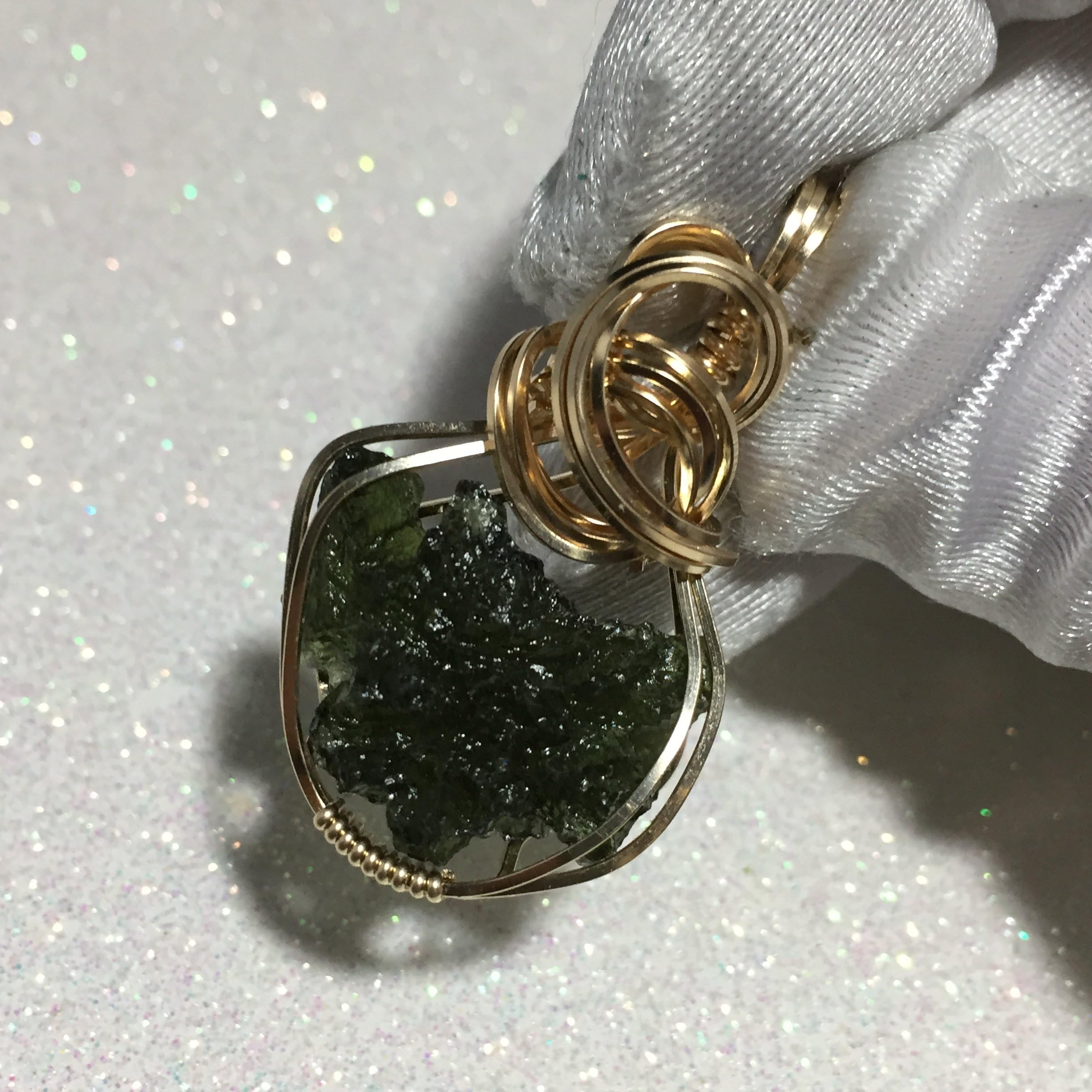 16ct Czech Republic MOLDAVITE Pendant 14k Gold gf Crystal semi transparant hrt
